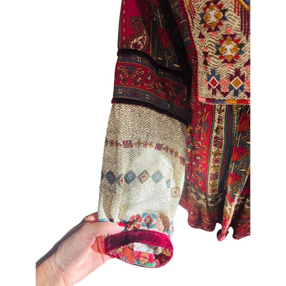 John Mark Boho Multicolor Floral Patchwork Blouse S Velvet Accents L/S Tassel - Picture 9 of 10